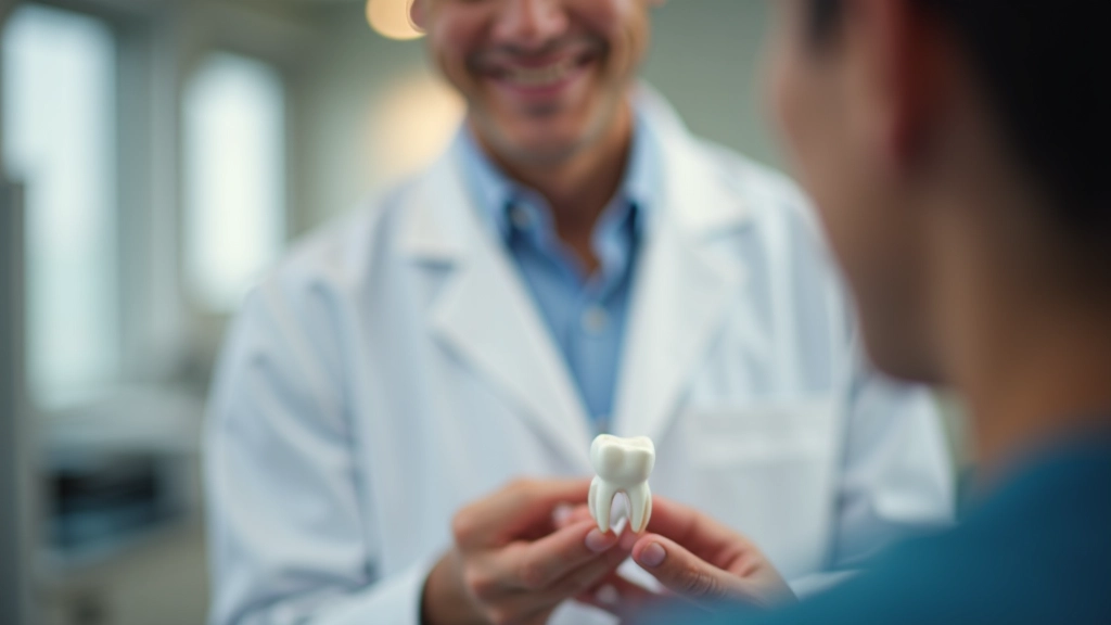 Zahnarzt mit Patientin zeigt auf Zahnmodell, erklärt Zahnersatz-Optionen in Zahnarztpraxis