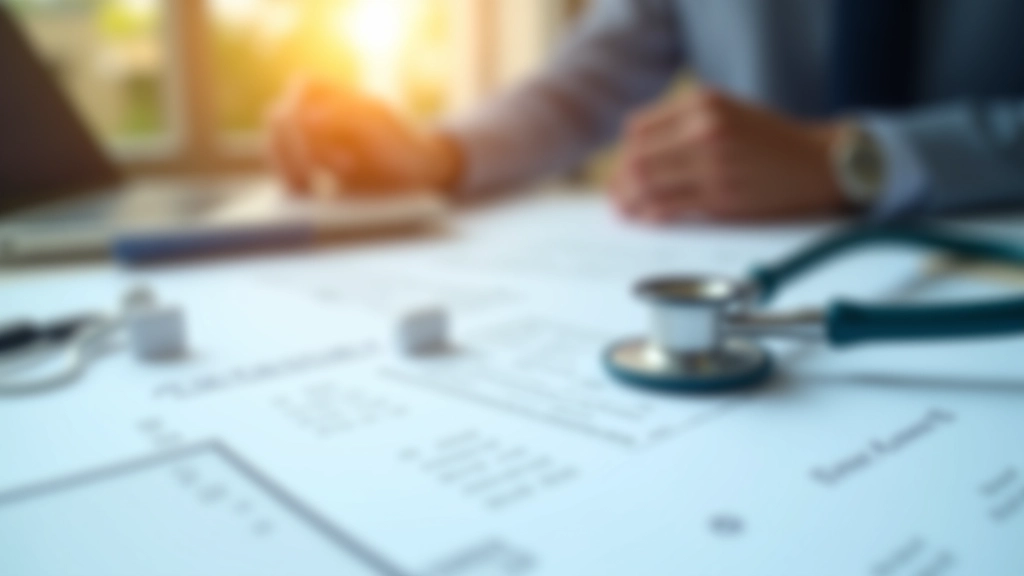 Dokumentenübersicht mit Versicherungspapieren und Stethoskop auf Schreibtisch, Nahaufnahme