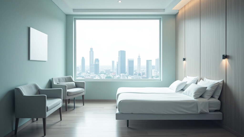 Modernes Krankenzimmer mit Einzelbett, Fenster mit Ausblick und komfortabler Einrichtung in einer privaten Station
