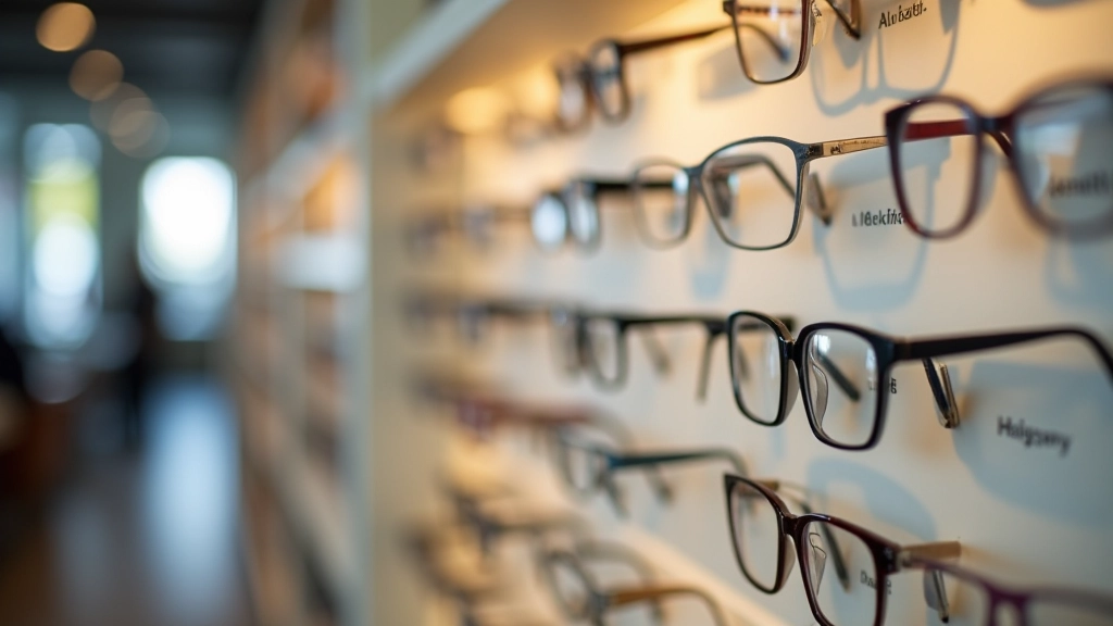 Verschiedene moderne Brillenfassungen in unterschiedlichen Stilen und Farben auf einem Regal