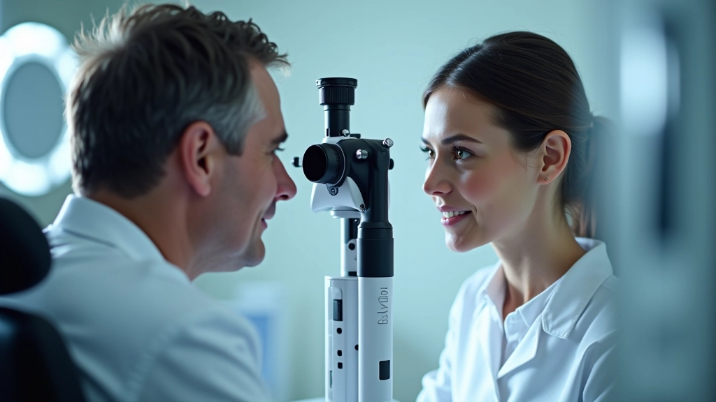 Augenarzt führt Sehtest mit optometrischen Geräten durch